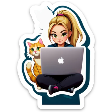 Blonde girl ponytail macBook and a cat sticker