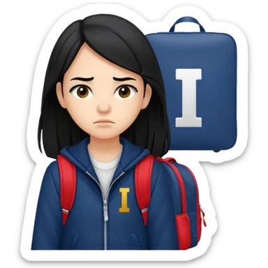 college student with annoyed face , black hair , with navy varsity jacket( initial I) and backpack , girl, long hair,  sticker