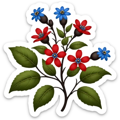 dull green leaves & red & blue flowers filigree design & small fruits& ebony branches, extremely detailed, complex design sticker