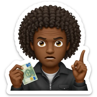 create a blackman holding 20 euro bill and looking like evil very evil curly hair that points upwards sticker