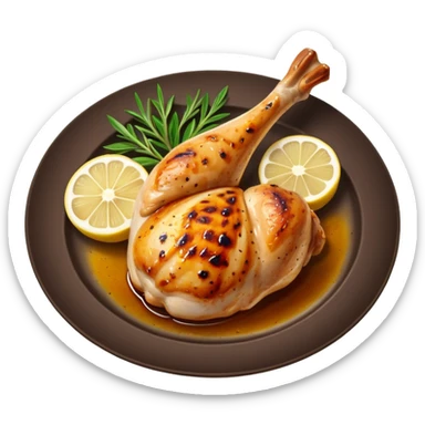 Draw a grilled chicken leg on a plate with herbs & lemon slices. sticker