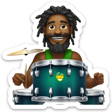 Illustrate a Brazilian drummer with tied hair, a beard, and Rastafarian style, with an expression of pure happiness while playing drums in a live stream. Make sure the logo "GG Lukas Drummer" is in the background. sticker