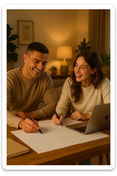 a man and woman work together on a project at home, with the man offering guidance and the woman actively participating and contributing ideas. Their expressions show teamwork and satisfaction, highlighting the benefits of collaboration and shared leadership. The setting is warm and inviting. sticker