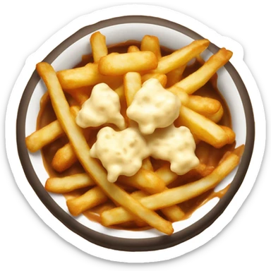 Bowl with fries and cheese curds on top covered in gravy sticker