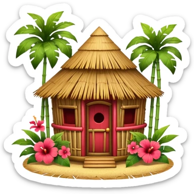 Hawaiian tiki hut house, round tropical hut, bamboo details, thatched roof, tiki masks decoration, hibiscus flowers, cute mobile game icon, 3D cartoon, clean background, no text sticker