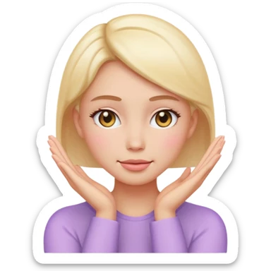 Emoji of glowing female face with hands on cheeks, skincare, pastel, flat, minimal sticker