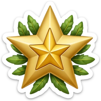 Create a gold star badge emoji in Apple emoji style with a star and a laurel wreath. Keep the background transparent. sticker