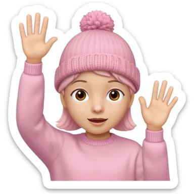 Kid in pink hat and jumper waving sticker