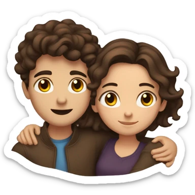 Brunette girl with wavy hair hugging brunette boy lovingly couple sticker