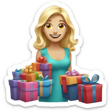 happy blonde woman with a lot of gifts sticker