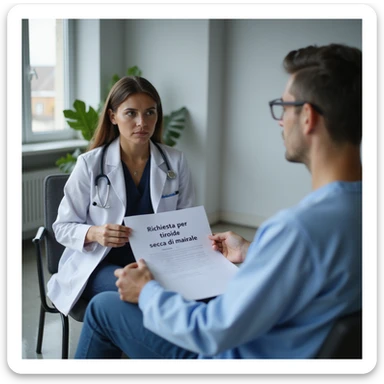 hyperrealistic 4K image of a woman sitting in front of a doctor in a modern clinical environment, determined expression, handing over a paper with the text 'Richiesta per tiroide secca di maiale', detailed and realistic sticker