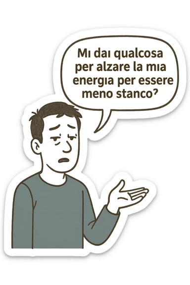 uomo che dice in una nuvoletta "mi dai qualcosa per alzare la mia energia per essere meno stanco?" sticker