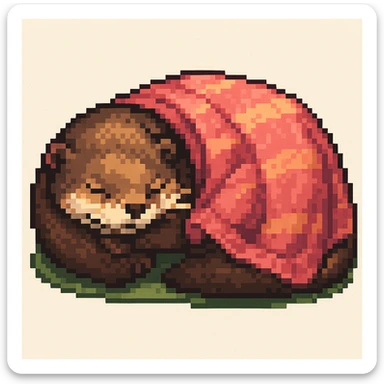 Make the image a pixel art style: Add a cozy blanket draped over the sleeping otter, keep pixel art style and colors sticker