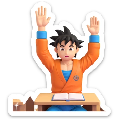 Goku as a student, raising his hand in class, school setting, 3D style sticker
