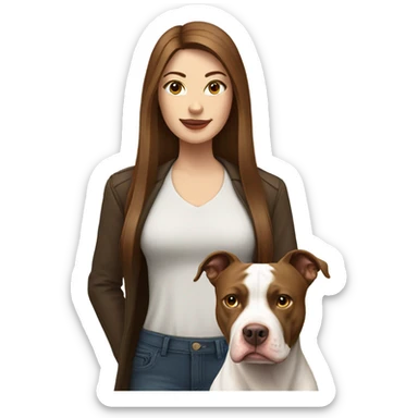 white woman with straight long brown hair standing alongside a white pitbull sticker