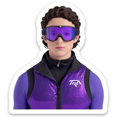 close-up of male athlete with white skin and moderately curly dark brown hair on top with shaved sides, wearing ski goggles with purple frames and very dark black lenses, a simple plain black chain necklace, and a completely unzipped sleeveless vest with purple and black sequin fire pattern design with no logo, frame centered on face and upper chest sticker