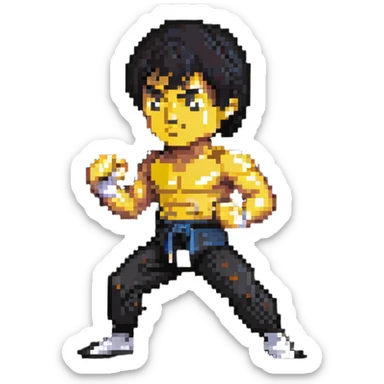 Bruce Lee in iconic fighting pose, martial arts legend sticker
