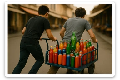 endi shu aravani bir balonchasi singan ko'rinishda va aka uka uning yonida turganini tasvirla yuzlari ko'rinmasin sticker