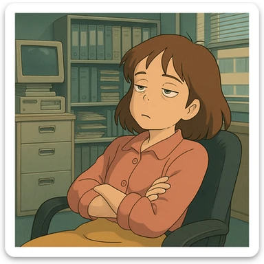 ghibli style character looking bored, leaning back in an office chair, eyes half-closed, office background sticker