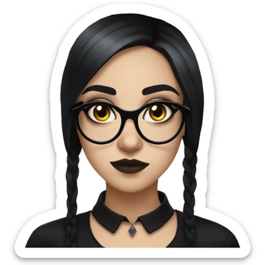 Goth girl with glasses and graphic eyeliner and black hair wearing a black shirt sticker