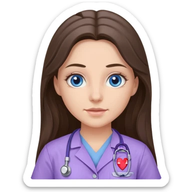 pretty brunette nurse with long hair and blue eyes in lilac scrubs sticker