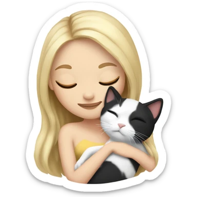 White girl blonde hair sleeping with kitty. kitty has black and white markings sticker