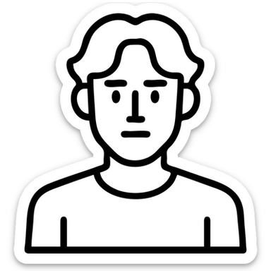 male character with wavy hair parted in the middle, brown eyes, firm straight jaw, slightly medium nose, wearing a brown t-shirt on a black background sticker