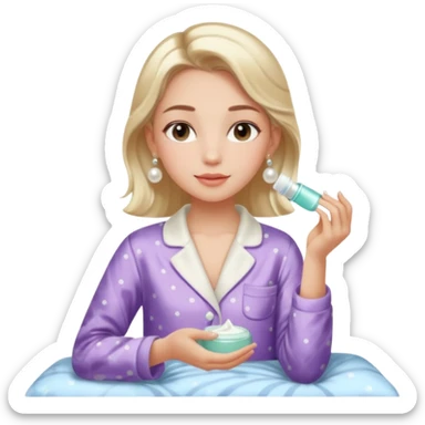 Clean girl aesthetic emoticons, apply skincare products, pearl earrings, glowing skin, pajamas, soft lighting sticker