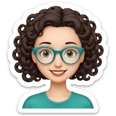 woman with extra large forehead, extra long dark brown spiral curled hair, teal glasses, smiling with head tilted sticker