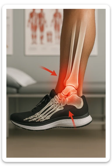 Realistic, vertical medical scene: a runner’s foot and lower leg are shown in profile, with a transparent overlay revealing a small stress fracture in the metatarsal bone. Red highlights and arrows indicate the area of pain and injury. The setting is a medical exam room, with anatomical charts in the background. sticker