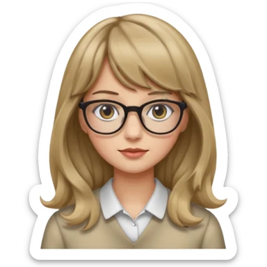 Uma garota de cabelo ondulado loiro escuro,mas com franja lisa e olhos pretos,usa óculos e a cor de pele branca,e o cabelo LONGO sticker