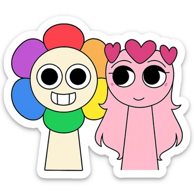 Combine the two characters from the provided images into one image, standing side by side. Keep their original colors and styles unchanged. Use a transparent background. sticker