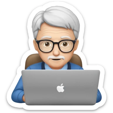 senior programmer with laptop and glasses sticker