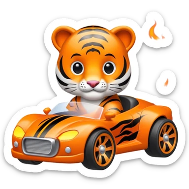 cute tiger in toy hot wheel car with THE CAR wheels are on fire sticker