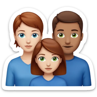 One woman with blue eyes, brown hair, light skin standing next to another woman with darker red brown hair, lighter skin, and green eyes, standing next to a man with no facial hair, blue eyes, and short brown hair sticker