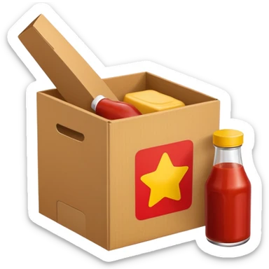 a small box have 2 sides, ketchup and mustard sticker