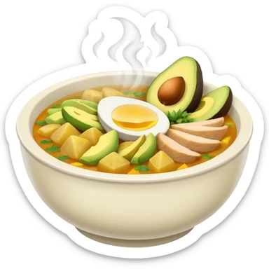 emoji of steaming bowl of Colombian ajiaco soup with typical ingredients, classic emoji style, light background sticker