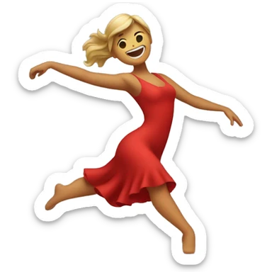 "An emoji of a woman dancing in a red dress with one arm raised and one leg bent, resembling the classic Apple dance emoji sticker