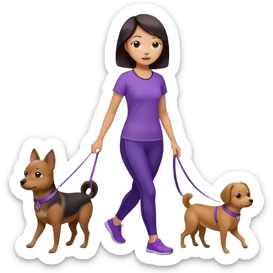 Chinese woman wearing purple top and black leggings walking 1 small brown dog sticker