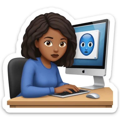 black woman working on a computer, hiding behing her computer, no brand on the computer, focused on the screen sticker