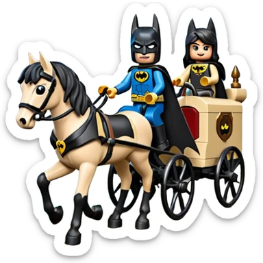  Ultra cute  Lego detailed 1854 Batman and pretty Catgirl driving dream horse drawn Caravan alone together on a romantic trail in the woods  sticker