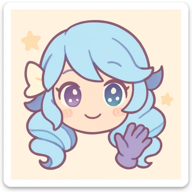 chibi style Gwen from League of Legends, only head, right eye purple, one hand waving with glove, smiling and energetic, kawaii style sticker