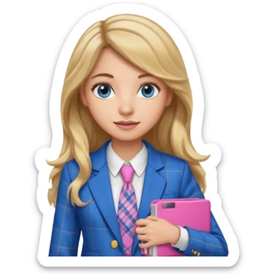 pretty female with long wavy brown hair with blonde highlights and blue eyes holding a pink calculator wearing school uniform which is a blue blazer and white blouse sticker