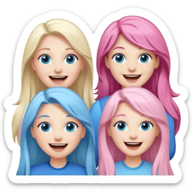 four adult white women laughing and smiling.  Two have long dark brown hair.  One has long pale pink hair and blue eyes. one has with blue eyes and light blonde hair. sticker