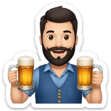 big man in yoga pose, bright skin, dark beard and dark short hair, holding beer mugs sticker