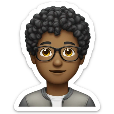 A boy with a black curly short hair and the glasses sticker