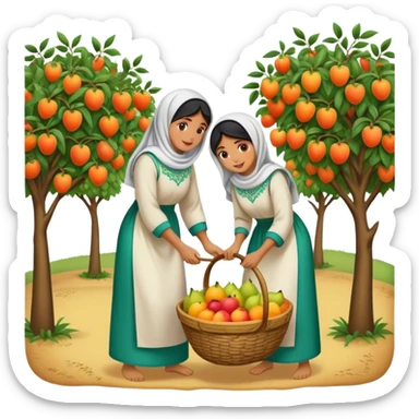 A nostalgic and culturally rich scene of Palestinian women dressed in traditional embroidered thobes harvesting fruit in an orchard. Their vibrant and intricately designed dresses reflect deep heritage, while their coordinated efforts—picking, sorting, and collecting fruit in a woven basket sticker