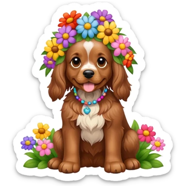 Full body shot of a brown cocker spaniel sitting happily with lots of flowers on his head sticker