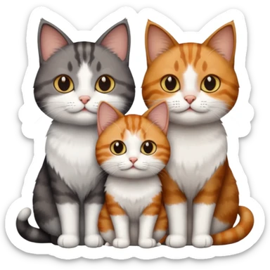 3 different coloured tiny short haired cats, including a dark brown tabby and white cat, and a dark grey and white and a ginger and white sticker