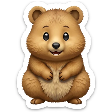 cinematic-quokka-realistic-emoji -hunched-over-emoji,-small-round-frame-balanced-on-tiny-strong-hind-legs,giant-fluffy-cheeks-large-smile-fluffy-brown-fur-radiating-a-warm-softness,-big-round-eyes-filled-with-joy, realistic emoji sticker